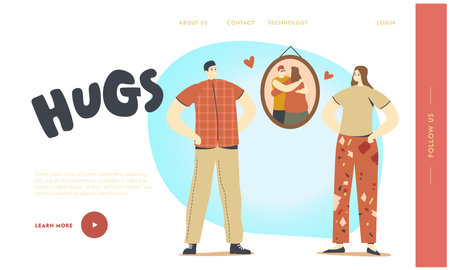 Hugs, Warm Embrace, Love Landing Page Template. Man Girl Characters Stand front of Picture on Wall with Hugging Peopleのイラスト素材