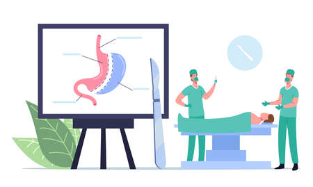 Medical Operable Weight Loss Procedure. Surgeon Male Characters Make Operation Bariatric Surgery Stomach Reductionのイラスト素材
