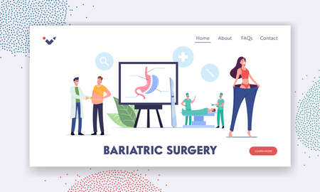 Bariatric Surgery Stomach Reduction Landing Page Template. Overweight Patient Character with Weight Problem Visit Clinicのイラスト素材
