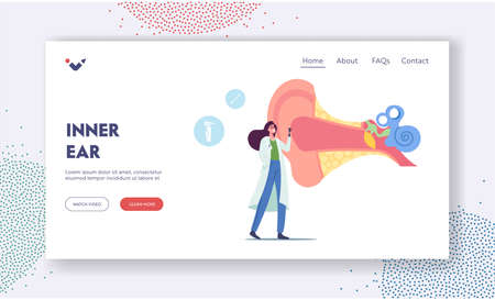 Ear Pain, Tinnitus Disease Treatment Landing Page Template. Tiny Doctor Audiologist with Instrument Check Huge Sick Earのイラスト素材