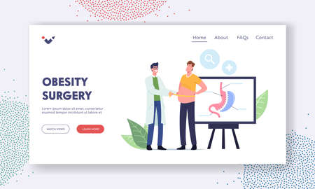 Weight Loss Landing Page Template. Surgeon Doctor Male Character Measuring Waist of Fat Man Prepare Patient for Surgeryのイラスト素材