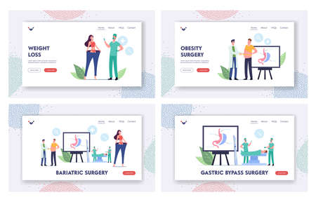 Bariatric Surgery Stomach Reduction Landing Page Template Set. Overweight Patients Characters with Weight Problemsのイラスト素材