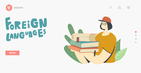 Foreign Languages Study, Translation Service Landing Page Template. Girl Character Student or Teacher Carry Textbooksのイラスト素材