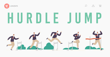 Hurdle Jump Landing Page Template. Business Man Character Running with Obstacles Competition. Businessman Jumpingのイラスト素材