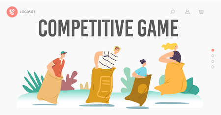 Jumping in Bags. Sack Race Landing Page Template. Happy Family Characters Mother, Father and Children Summer Competitionのイラスト素材