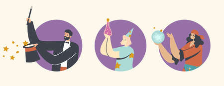 Illusionist Perform Trick with Top Hat and Wand, Fortune Teller with Crystal Globe and Magician with Potion in Bottleのイラスト素材