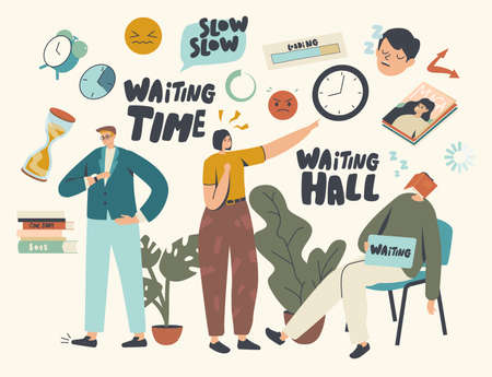 Long Wait, Slow Time Concept. Tired Bored Male or Female Characters Too Long Waiting in Office Hall, Airport or Hospitalのイラスト素材