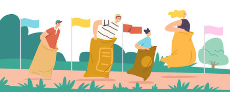 Sack Race Concept with Happy Family Characters Mother, Father and Children Jumping in Bags. Summer Outdoor Competitionのイラスト素材
