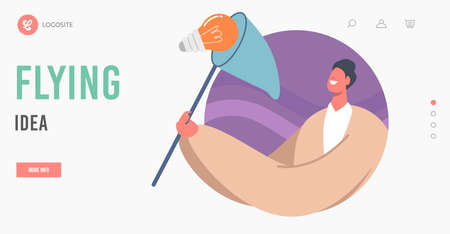 Flying Idea Landing Page Template. Male Character Get Insight. Man Catching Lamp with Butterfly Net. Mind Developmentのイラスト素材