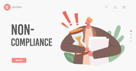 Business Character Stressed with Urgent Work Landing Page Template. Businessman or Clerk Holding Pile of Paper Documentsのイラスト素材