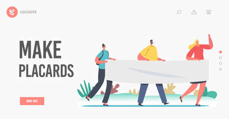 People with Placards on Revolution, Rally Demonstration, Strike Landing Page Template. Characters Holding Empty Bannerのイラスト素材