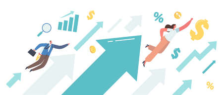 Business Growth, Financial Competition Concept. Business People Characters Flying to Financial...