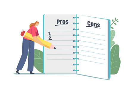 Tiny Female Character Writing at Huge Notebook Sheet Pros and Cons of Something in Column List Using Huge Pencilのイラスト素材