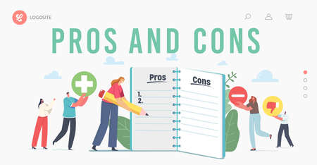 People Make Important Decision Landing Page Template. Tiny Characters at Huge Notebook Writing Pros and Consのイラスト素材