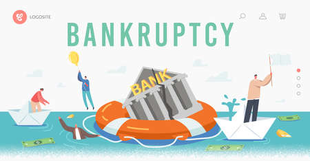 Bankruptcy Landing Page Template Businesspeople Characters Swim around Sinking Bank Building on Lifebuoy, People Surviveのイラスト素材