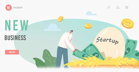 Profitable Idea, Start Up Project in Incubator Landing Page Template. Tiny Businessman Character Take Bills from Nestのイラスト素材