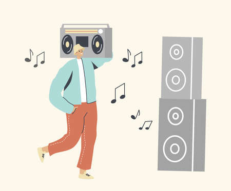 Male Character Holding Huge Record Player Stand at Dynamics Enjoying Music Playlist at Home, Karaoke Bar or Night Clubのイラスト素材