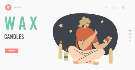 Woman Use Wax Candles as Source of Light Landing Page Template. Female Character Sitting on Floor Switch On Matchのイラスト素材