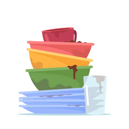 Dirty Dishes Pile. Stack of Plates, Cup and Water Glass to Wash.のイラスト素材