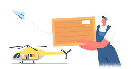 Worker Loader Character Loading Parcel on Helicopter for Air Transportation and Delivering Freight. Aircraft Goodsのイラスト素材