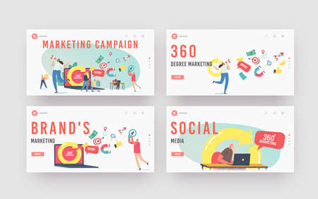 360 Degree Marketing Landing Page Template Set. Characters at Laptop with Turning Arrow. Manager Attract Clientsのイラスト素材