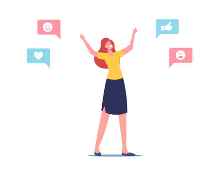 Empathy, Emotional Intelligence Concept. Cheerful Female Character with Positive Social Media Icons Communicationのイラスト素材