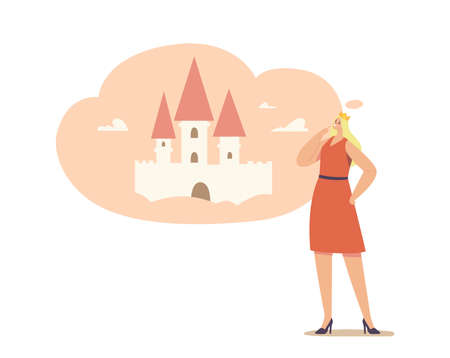 Woman in Crown on Head Imagine herself as Princess Dreaming on Pink Castle. Dreamer Female Character Desire Own Homeのイラスト素材