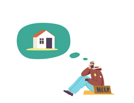Bum Male Character Dream of House Concept. Poor Man in Tatters Dress with Help Banner Sitting on Ground Imagine Houseのイラスト素材