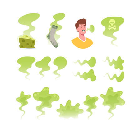Set of Icons Bad Smell Theme. Green Toxic Clouds, Stinky Sock and Piece of Cheese, Man with Disgusting Breathing Cloudのイラスト素材
