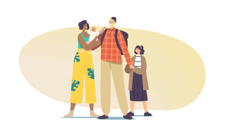 Interracial Parents and Kids. Multicultural and Multiracial Happy Family Characters and Mixed Children Holding Handsのイラスト素材