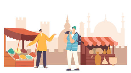 Tourist Male Character with Photo Camera Making Shots while Visit Muslim Arab Market. Traveler Walking near Vendor Stallのイラスト素材