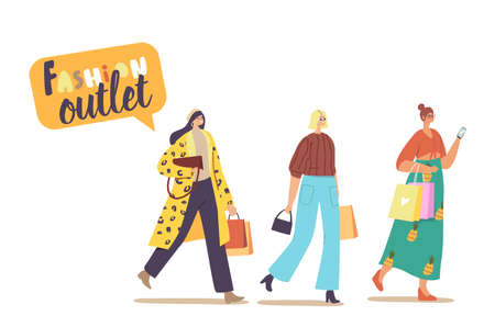Female Buyers Characters at Seasonal Sale or Discount in Fashion Outlet. Cheerful Shopaholic Girls with Purchases in Bagのイラスト素材
