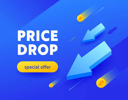 Price Drop Special Offer Advertising Banner on Blue Background, Ad Card for Shopping Discount, Social Media Promoのイラスト素材