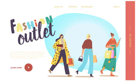 Fashion Outlet Landing Page Template. Female Buyers Characters at Seasonal Discount, Shopaholic Girls with Purchasesのイラスト素材