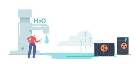 Chemicals in Water, Pollution Concept. Tiny Female Character Drink Water from Bottle at Huge Tap with Dripping Aquaのイラスト素材
