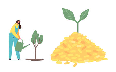 Biological Alternative Fuel Industry, Bio Coal Producing Business. Tiny Female Character Watering Green Tree, Pelletsのイラスト素材