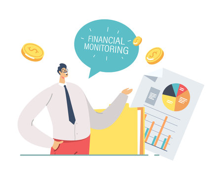 Business Meeting, Project Presentation. Businessman Character Pointing on Financial Monitoring Charts, Data Analysisのイラスト素材