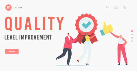 Approval, Quality Level Improvement Landing Page Template. Tiny Characters Carry Huge Seal Stamp with Award Ribbonのイラスト素材