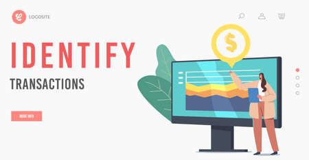 Business Presentation Landing Page Template.Tiny Businesswoman Character Give Financial Monitoring Statistics at Monitorのイラスト素材