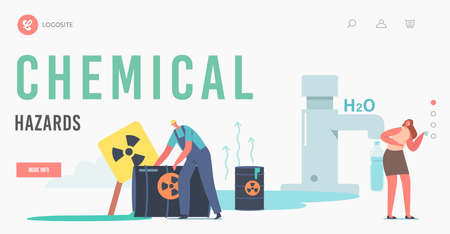 Chemical Hazard, Pollution Landing Page Template. Tiny Female Character Drink Water at Huge Tap with Dripping Aquaのイラスト素材