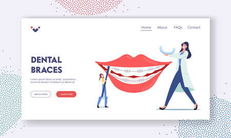 Brackets Installation for Teeth Alignment Landing Page Template. Tiny Dentist Doctors Characters Install Dental Bracesのイラスト素材