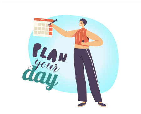 Female Character Circle Date on Calendar Planning Important Day Matters. Time Management, Work Organizationのイラスト素材