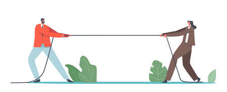 Male and Female Businesspeople Characters Tug of War Competition Concept. Gender Team Rivalry, Office Superheroes Fightのイラスト素材
