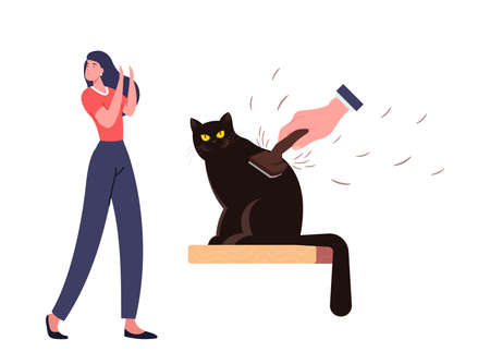Female Character with Cat Allergy Sneezing of Pets Hair. Allergic Reaction on Animal Fur Concept. Woman Suffer of Coughのイラスト素材