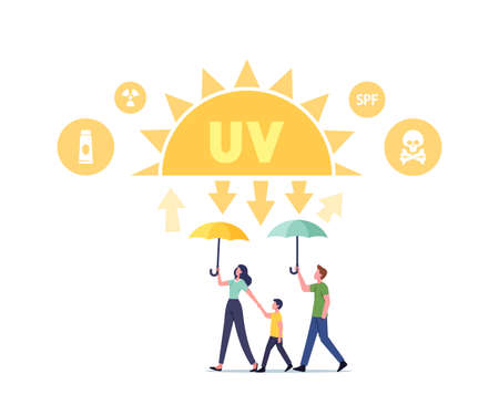 Uv Radiation, Solar Ultraviolet Protection Concept. Family Mother, Father and Child Walk with Umbrella under Sunlightのイラスト素材