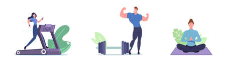 Set of People Doing Sport, Training, Exercising, Sport Activity, Male Female Characters in Sports Wear Workout and Yogaのイラスト素材
