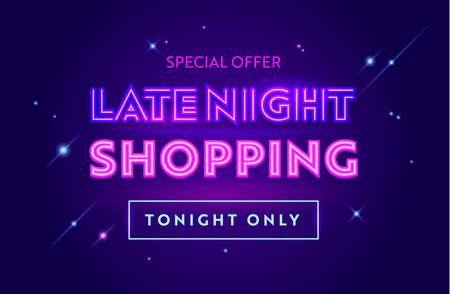 Late Night Sale Advertising Banner with Typography. Blue Background with Glowing Stars. Design for Shopping Discountのイラスト素材