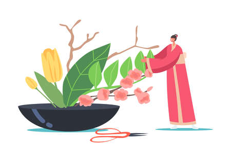 Asian Culture and Art. Japanese Ikebana Concept. Tiny Woman in Traditional Japan Kimono Create Floristic Compositionのイラスト素材