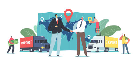 Cargo Export and Import, Logistics Concept. Business Partners Characters Shaking Hands near Freight Trucks and Huge Mapのイラスト素材