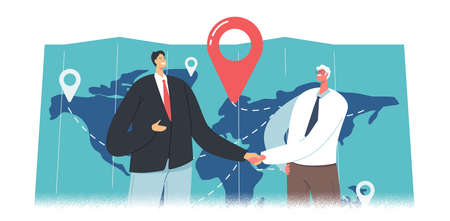 Cargo Export Import, Logistics. Business Partners Characters Shaking Hands near Huge Map with Freight Destination Pointsのイラスト素材